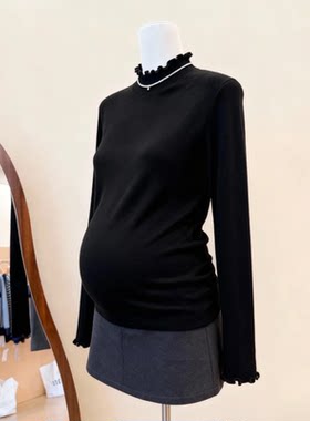 小个子孕妇装秋冬新款时尚针织衫木耳边上衣宽松大码毛衣半高领款