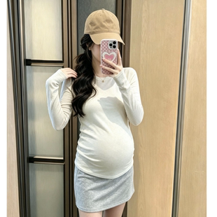 孕妇装长袖T恤女秋季新款圆领百搭中长款上衣修身紧身大码打底衫
