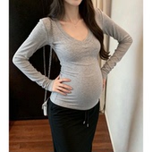 T恤打底衫 2025秋冬新款 时尚 纯棉孕妇v领长袖 百搭修身 内搭正肩上衣