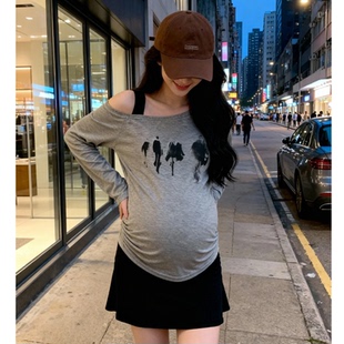 设计感小众打底衫 孕妇长袖 宽松显瘦露肩上衣时尚 韩版 T恤春秋新款