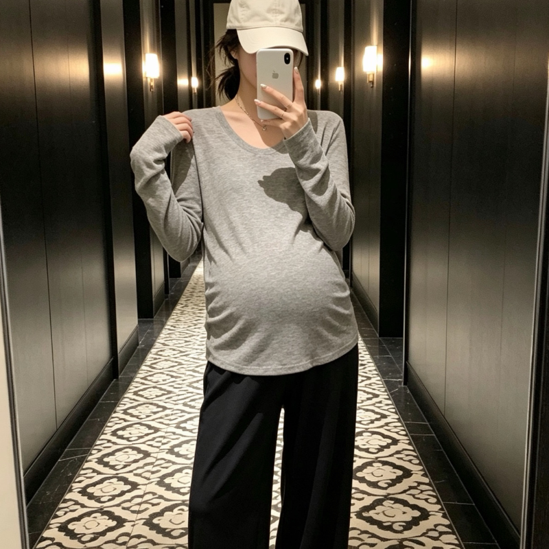 孕妇装早秋新款U领长袖T恤修身显瘦百搭休闲上衣打底衫