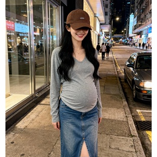 显瘦长袖 u领修身 t恤小个子上衣内搭 春秋新款 高弹力孕妇打底衫