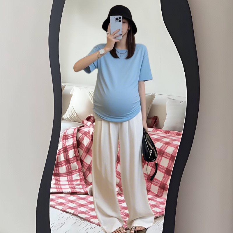 小个子孕妇上衣蓝色短袖夏季新款纯棉侧边褶皱弧形不规则T恤衫