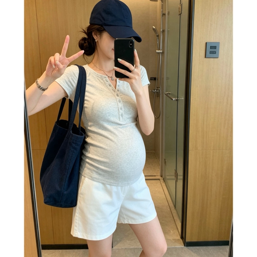 纯棉哺乳衣外穿孕妇装2026夏季恤衫开扣修身百搭上衣小个子怀孕款