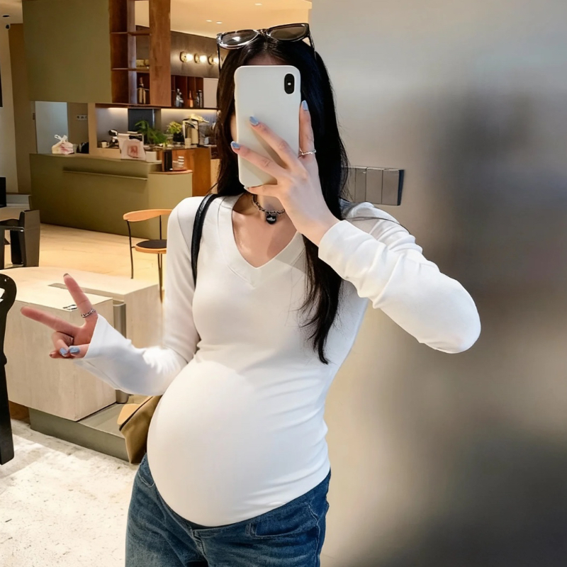 真纯棉孕妇t恤打底衫秋冬新款时尚v领防走光打底衫内搭外穿厚搭款