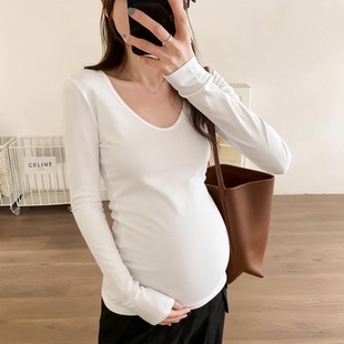 孕妇装秋冬加绒新款时尚U领长袖T恤内搭叠穿宽松显瘦褶皱打底衫