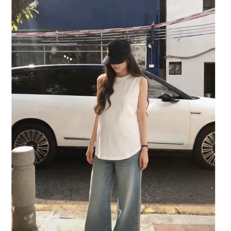 无袖上衣孕妇装ins风外穿夏季款时尚纯棉圆领背心侧开叉宽松遮肚