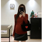 修身 圣诞红色上衣孕妇装 显瘦上衣 V领蕾丝长袖 打底衫 秋冬新款 时尚