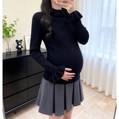 孕妇装秋冬新款时尚半高领针织打底衫修身显瘦上衣毛衣木耳边拼接