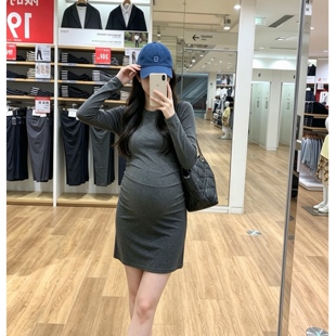 孕妇装长袖气质连衣裙早秋内搭修身款百搭温柔休闲T恤裙褶皱设计