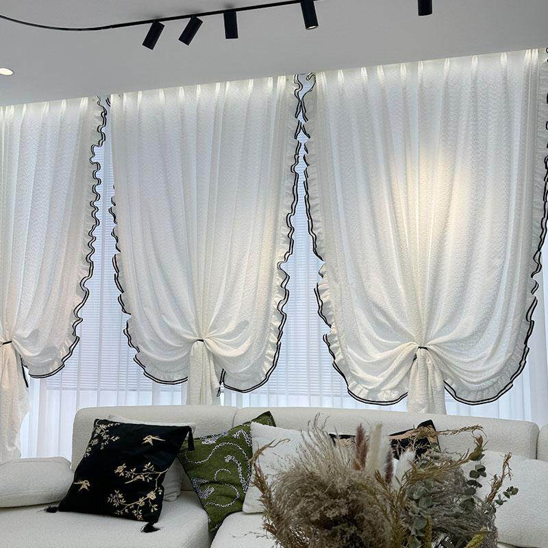 法式奶油风中古奶油泡芙纱荷叶边木耳边阳台客厅双层纱隔断窗纱帘