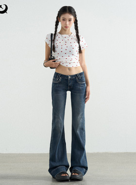 TGXQ美式牛仔裤女2025新款覆古水洗蓝拖地辣妹弹力超低腰微喇叭裤