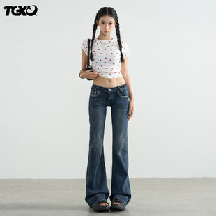 TGXQ美式牛仔裤女2025新款覆古水洗蓝拖地辣妹弹力超低腰微喇叭裤