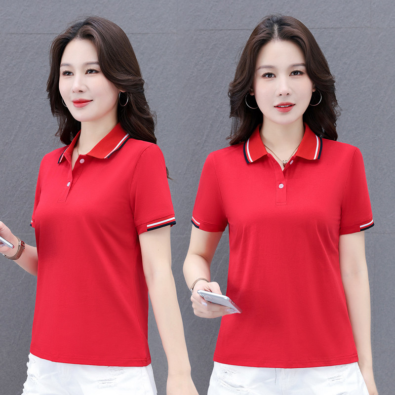 纯棉短袖POLO衫女夏季宽松显瘦翻领红色速干T恤上衣中年妈妈夏装
