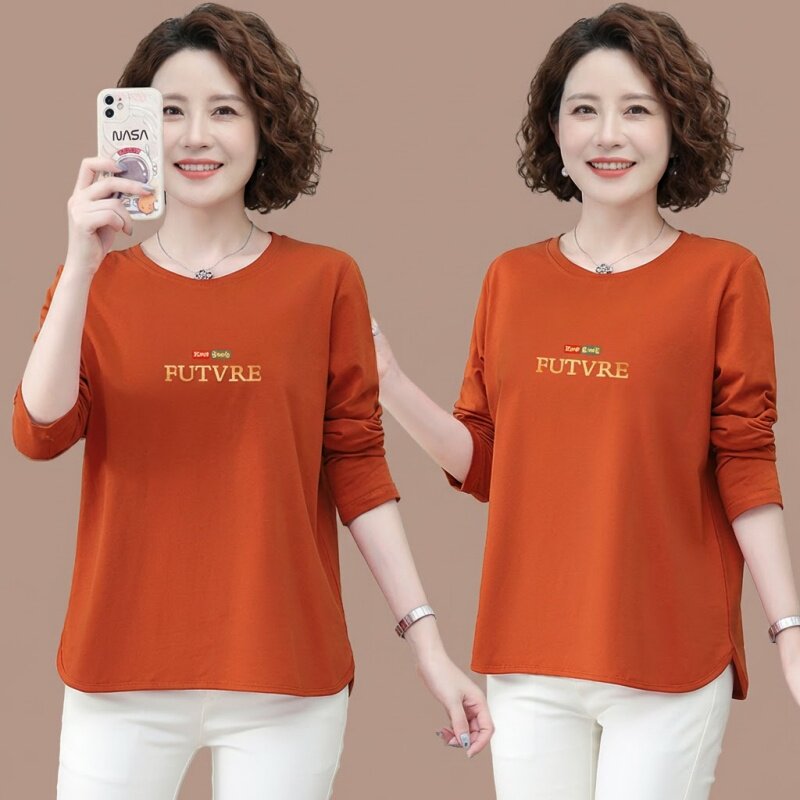 中年妈妈女士长袖圆领T恤纯棉五十多岁洋气时尚春装上衣2026新款