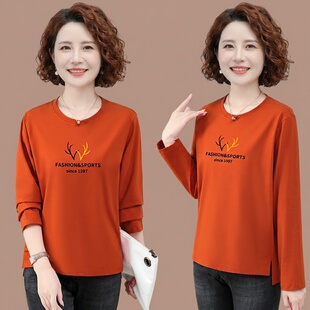 50多岁妈妈长袖t恤女款纯棉春装上衣圆领洋气显年轻衣服2026新款