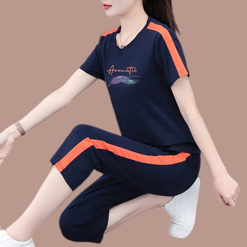 广场舞套装女2026夏季短袖七分裤两件套中年妈妈宽松减龄休闲装