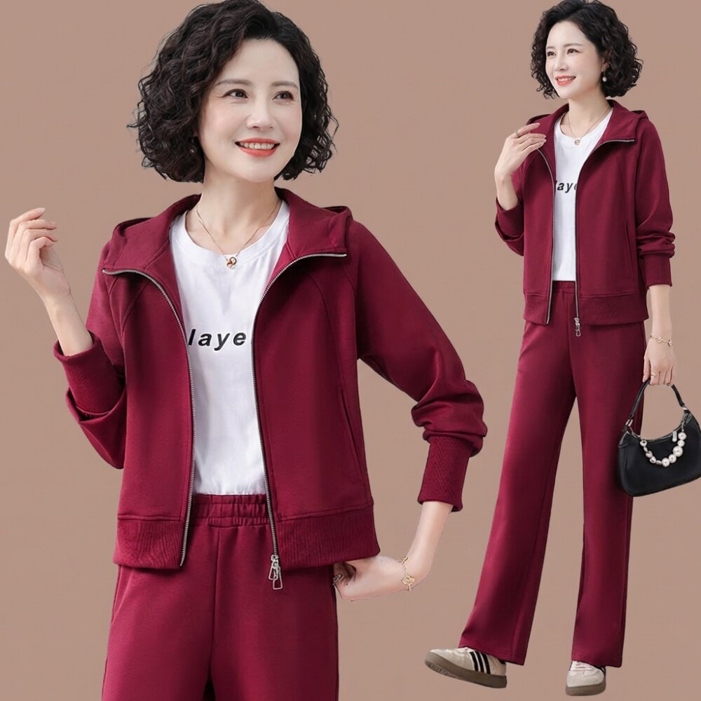 衣服女中年妈妈显年轻春装套装宽松时尚洋气春秋款运动服女三件套