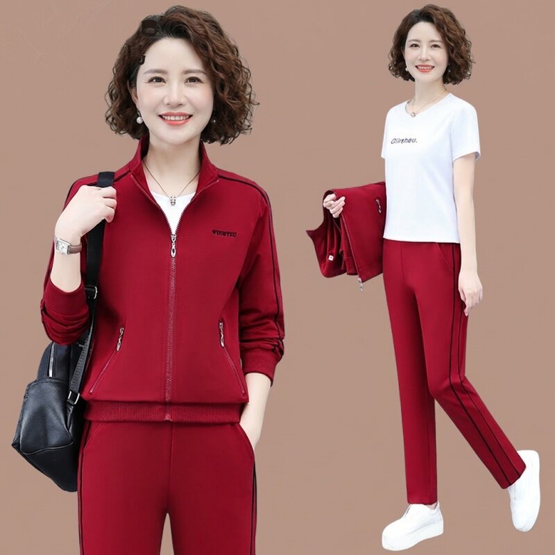 春季运动服套装女短袖T恤开衫外套长裤中年妈妈春秋季时尚三件套