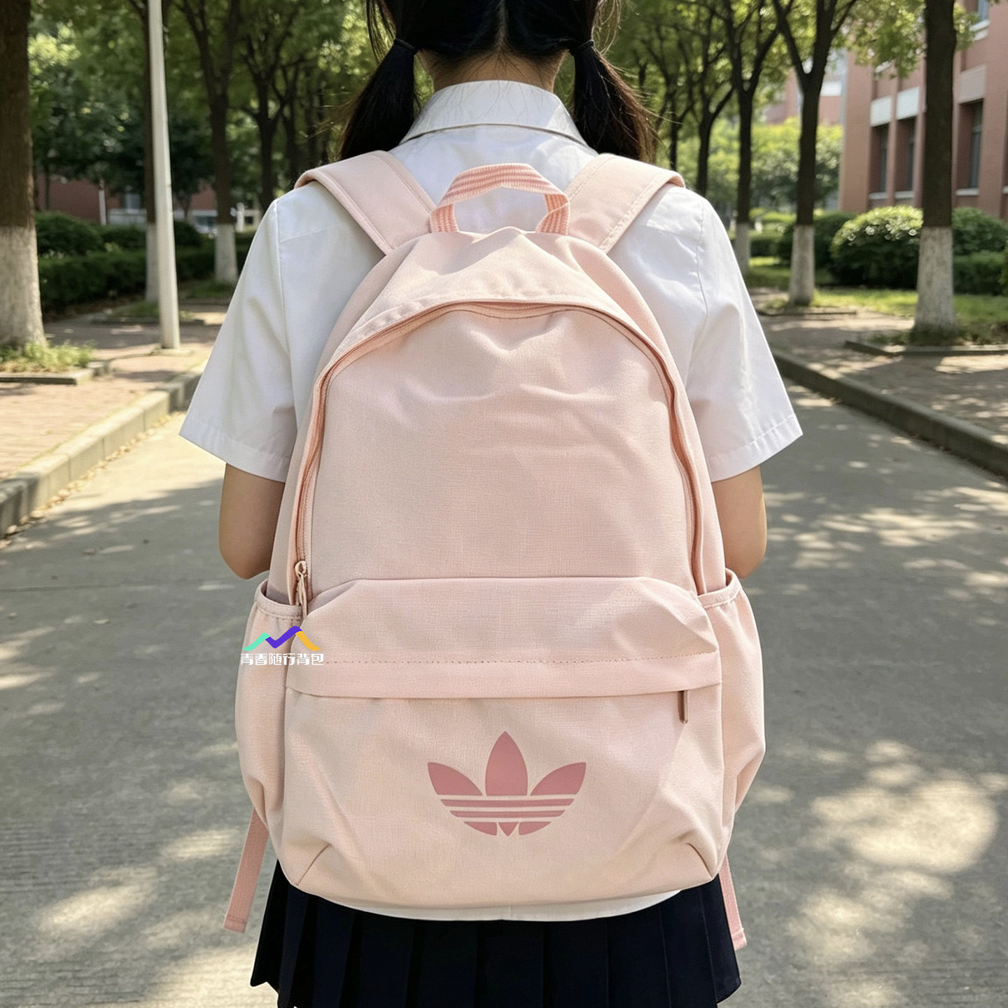 阿迪达斯三叶草粉色大容量双肩包
