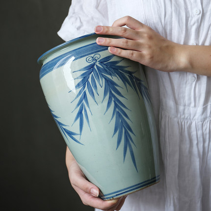 手绘青花瓷花瓶陶瓷花器中式插花摆件客厅粗陶复古家居鲜花瓶