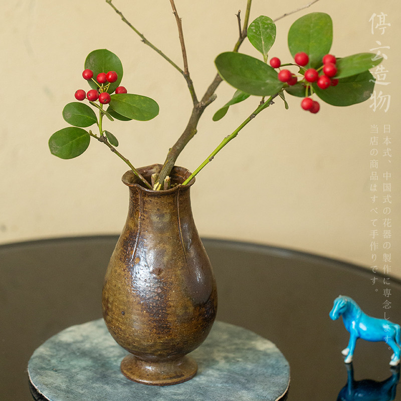 宋式柴烧风花入中式复古粗陶小花瓶手工花器迷你小号茶席禅意花插