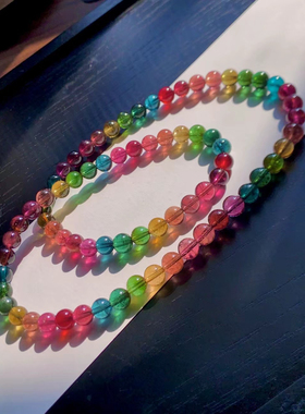 天然巴西彩虹碧玺三圈手串一物一图浓艳碧玺佛珠多圈手链彩色手串