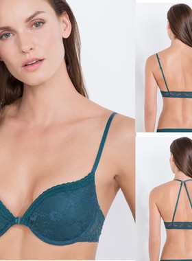 西班牙ws复古墨绿色bra 性感蕾丝前扣美背上薄下厚聚拢文胸内衣