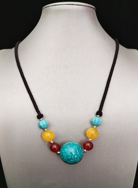 原创绿松石吊坠项链手工编织