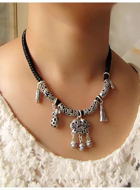 复古做旧多宝鱼长命锁项链黑绳项圈手工编织个性颈链文艺锁骨链