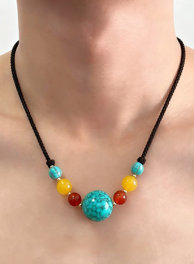 原创绿松石吊坠项链手工编织