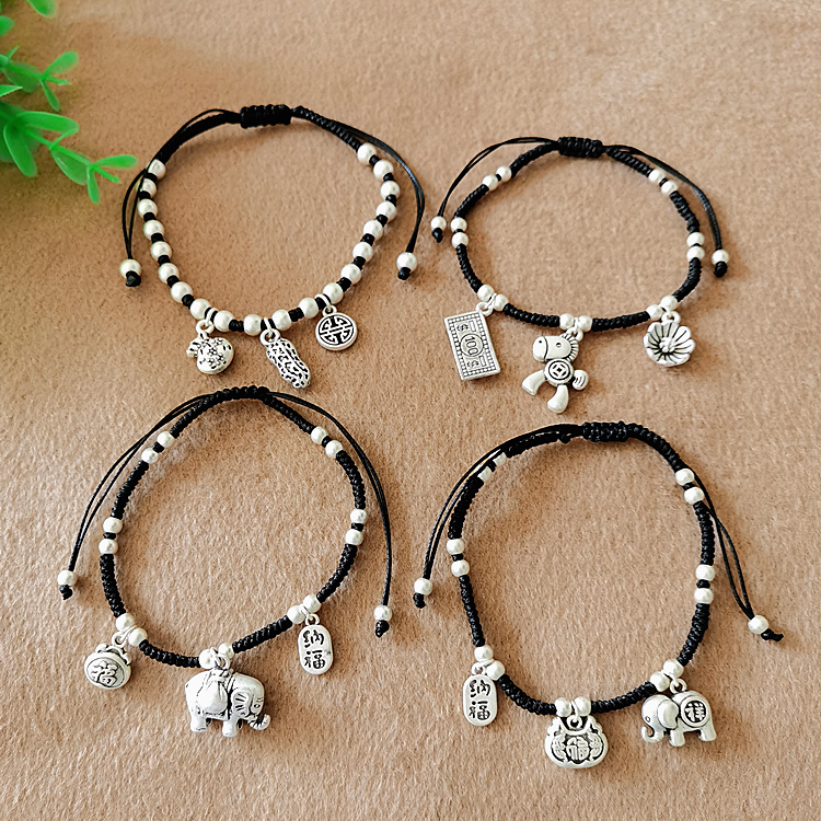 泰国复古手工编织抽拉绳蜡绳小象脚链女款仿藏银马上有钱网红足链