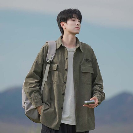 Corduroy Long-Sleeved Shirt for Men, Spring and Autumn, Loose Fit, Vibe Style, Trendy Casual Japanese Workwear Shirt Jacket