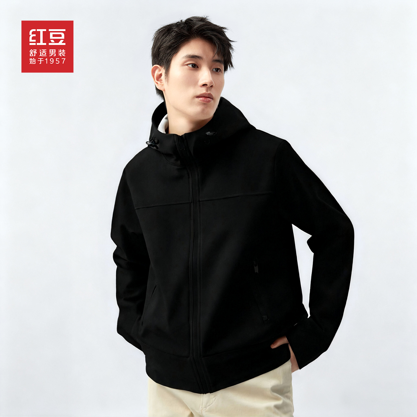 红豆薄绒内里防水防风连帽夹克男