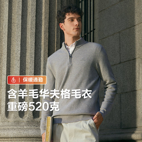【含羊毛半拉链】红豆针织衫男重磅华夫格休闲可机洗男士毛衣毛衫