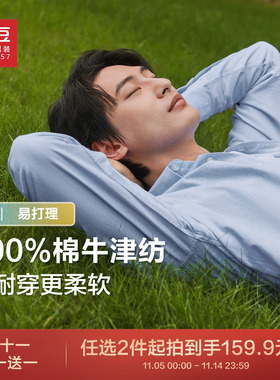 100%纯棉红豆牛津纺衬衫男长袖新款条纹休闲蓝色衬衣男士送老公