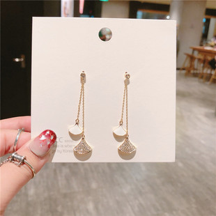 925新款 银针韩国微镶锆石银杏叶子滴油名媛耳线长耳环 耳坠