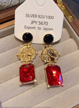 复古中古宫廷风方块仿宝石红色金属头像耳坠高级感耳饰品925银针