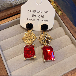 复古中古宫廷风方块仿宝石红色金属头像耳坠高级感耳饰品925银针
