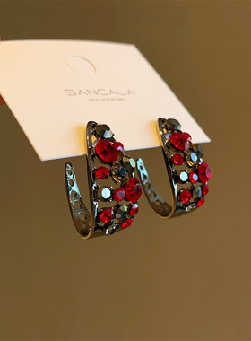原创中古风红黑色锆石C形圈满钻耳环时尚个性复古港风耳坠925银针