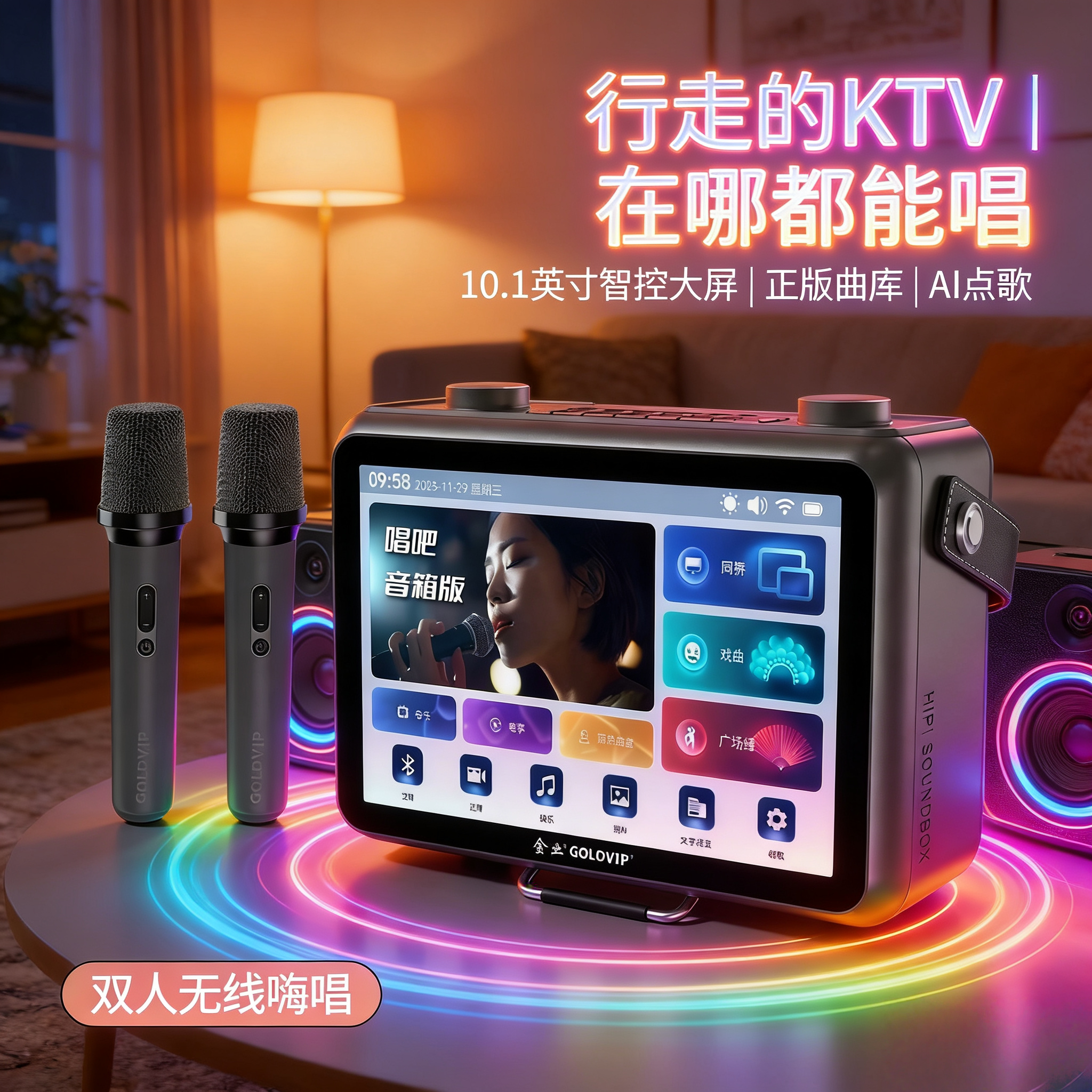 金业E68pro便携式手提智能k歌音响触屏一体机美声修音双话筒