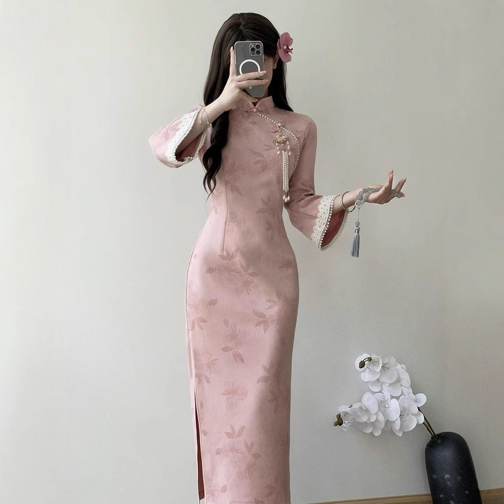 粉色麂皮绒淑女范倒大袖旗袍2025年秋新款改良新中式年轻款日常穿
