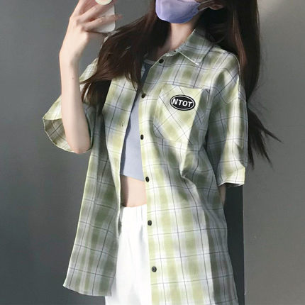 绿色格子短袖衬衫女夏季新款设计感宽松中长款Polo领衬衣外套上衣