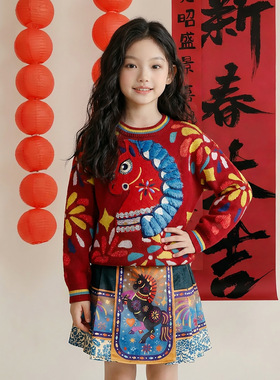 女童秋冬款新年服国风红色加厚毛衣中大童针织上衣儿童冬装上衣潮