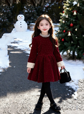 女童连衣裙2026新款冬装儿童冬季加绒加厚洋气小女孩红色公主裙子