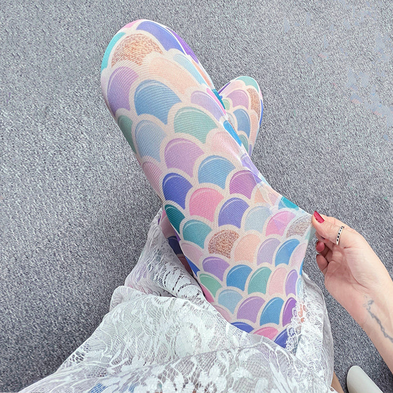 网纱打底裤女夏季外穿薄款异域高腰弹力小脚九分裤长裤花色人鱼裤