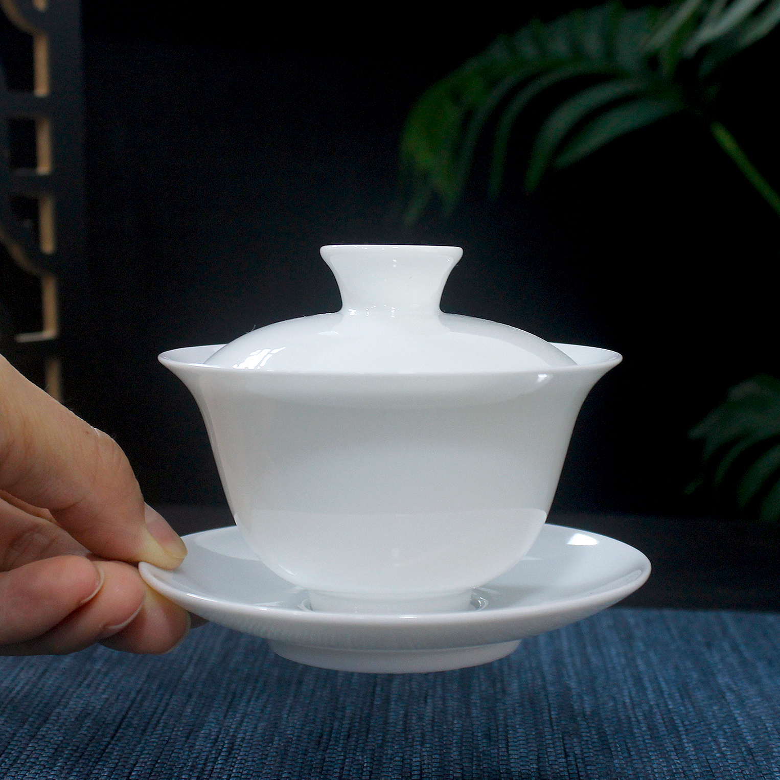 羊脂玉瓷120ml三才盖碗洁白温润