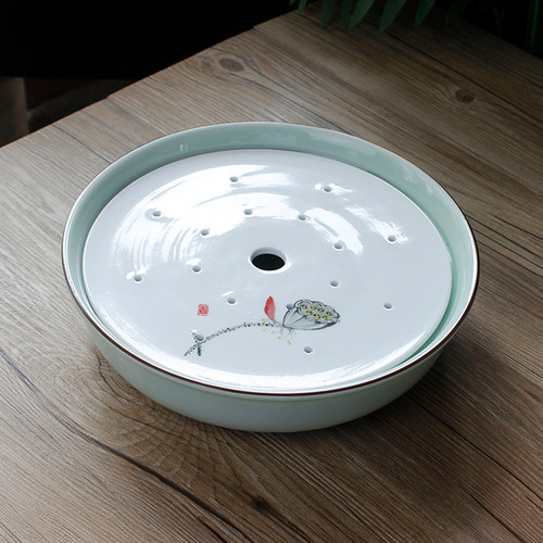 青瓷圆形茶盘清新典雅双层储水式