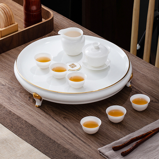 整套功夫茶具盖碗茶杯 骨瓷茶盘排水储水大号纯白描金简约高档中式