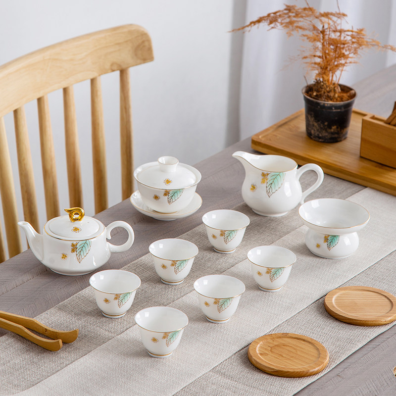 羊脂玉陶瓷功夫茶具套装客厅泡茶器白瓷绿叶描金轻奢茶杯茶壶家用